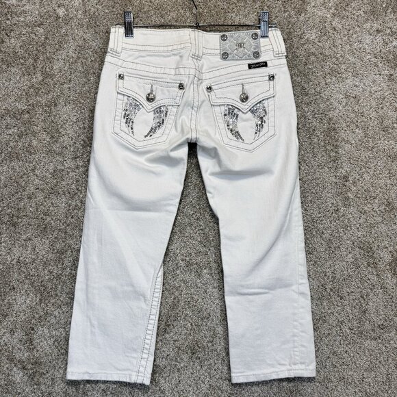 Miss Me Jeans Womens 25 White Capri Low Rise Flap Pockets Stretch Wings Metallic - Picture 1 of 14
